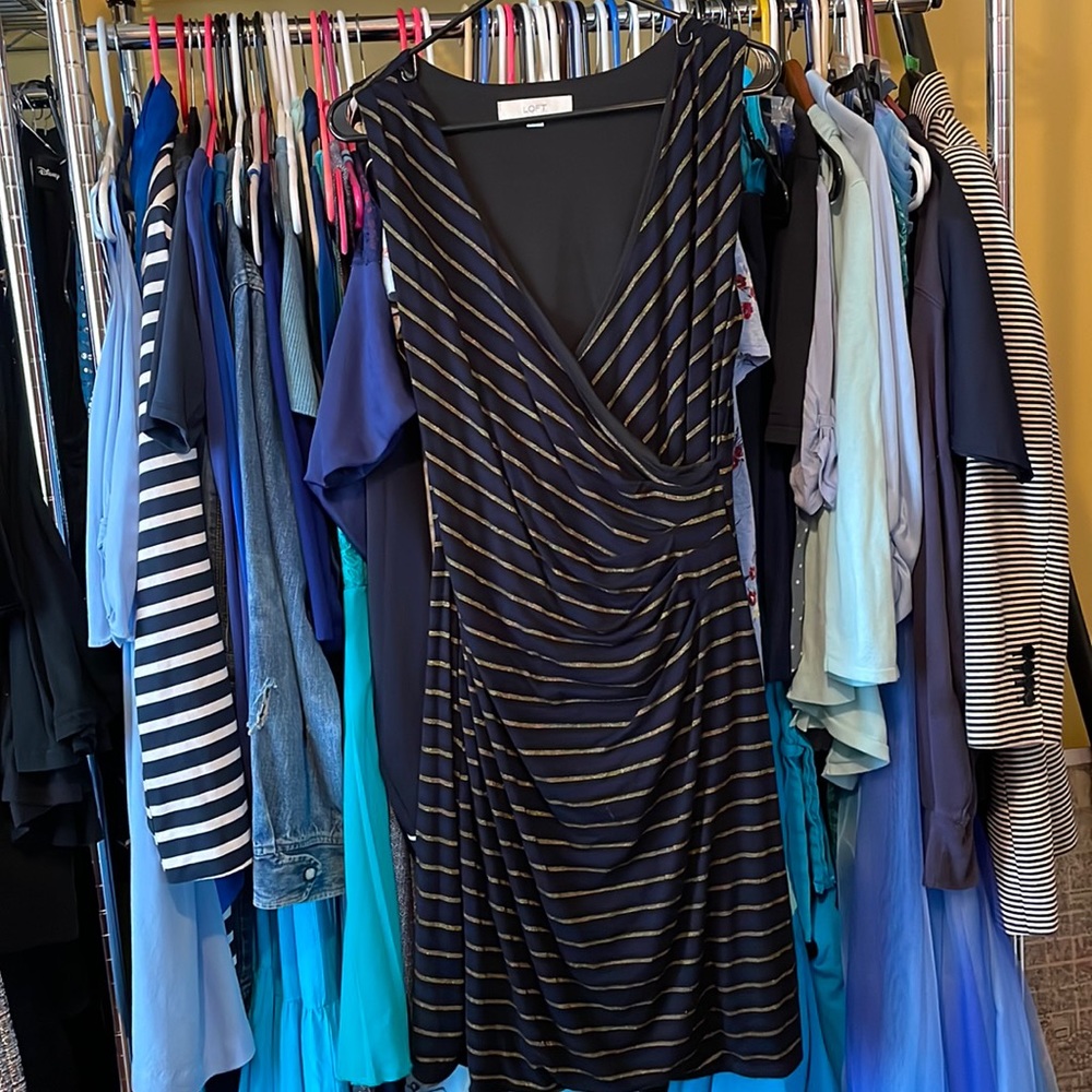 Gold, Black, Navy, Striped Loft Sleeveless Dress